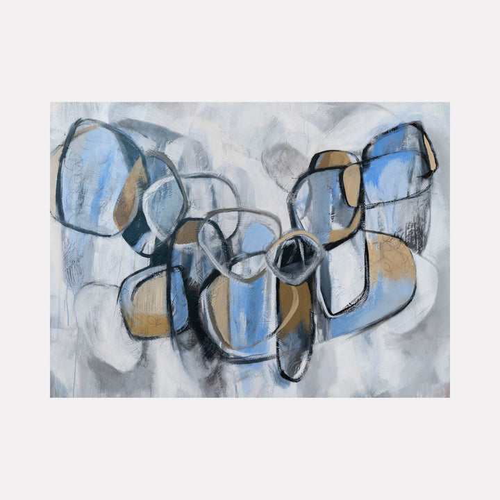 The artwork 'There is No Them' features abstract organic shapes in soft blues and earthy browns, interconnected by bold charcoal lines against a misty gray background. The flowing forms create a harmonious composition on linen, combining acrylic paint and charcoal in a contemporary style. By Ann Flemings.