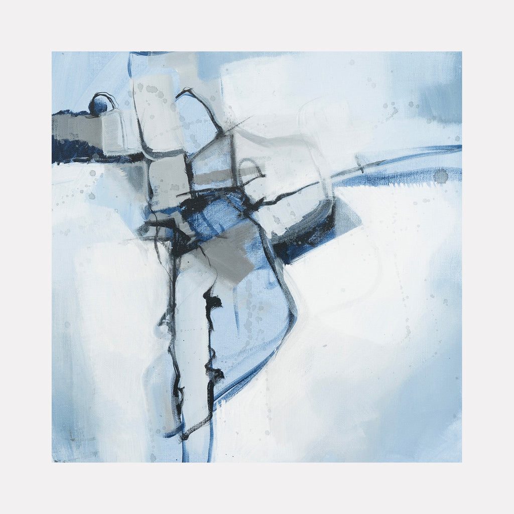 The artwork 'Tiny Dancer Series #1' by Ann Flemings features an abstract composition in soft blues and grays against a white background. Fluid brushstrokes and charcoal lines create a graceful, dancing movement across the canvas, with delicate blue washes merging into darker geometric shapes, suggesting fluid motion and ethereal form. By Ann Flemings