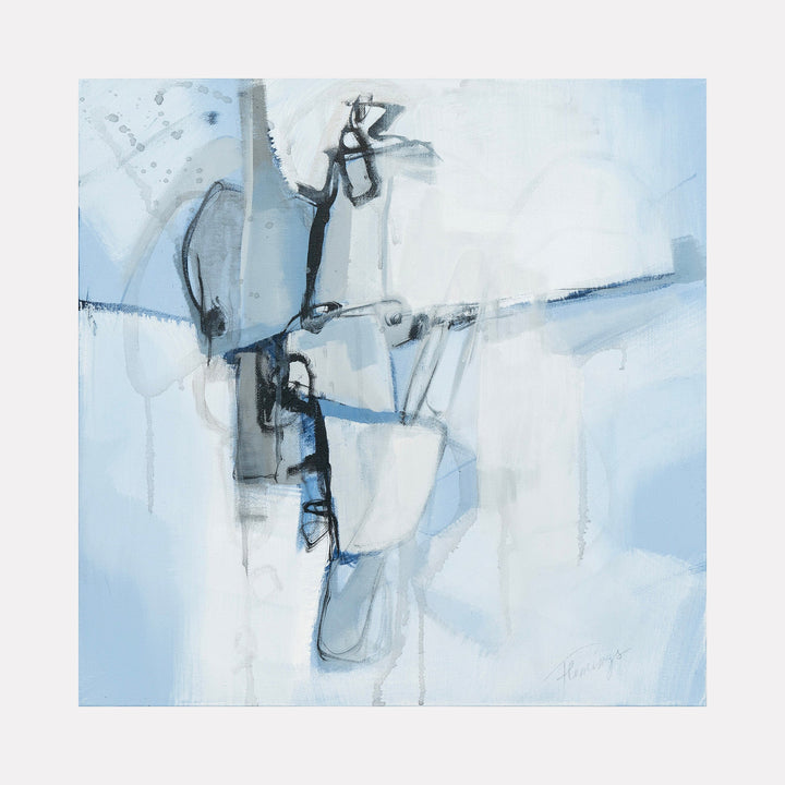 The artwork 'Tiny Dancer Series #2' by Ann Flemings features abstract expressionist strokes in light blue and white tones, with bold black charcoal lines creating dynamic movement across the canvas. The composition suggests a graceful, dancing figure through minimalist geometric shapes and fluid brushwork in acrylic and charcoal on a serene, atmospheric background. By Ann Flemings.