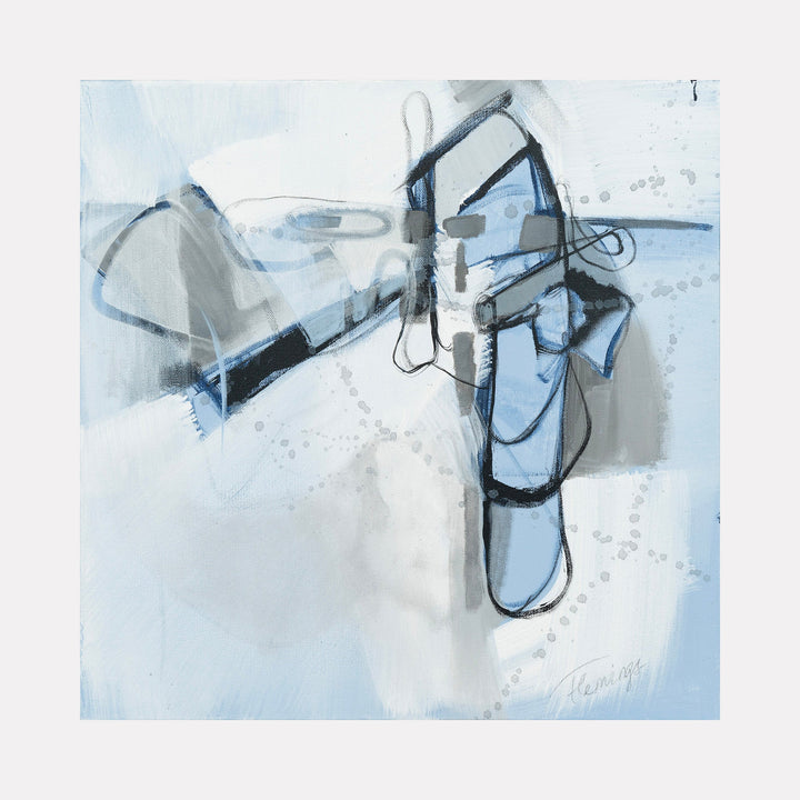 The artwork 'Tiny Dancer Series #3' by Ann Flemings features abstract geometric shapes in soft blue and gray tones. Bold black brushstrokes create dynamic angular forms against a misty white background. The piece combines acrylic paint and charcoal in a minimalist composition with fluid lines and delicate textural elements.