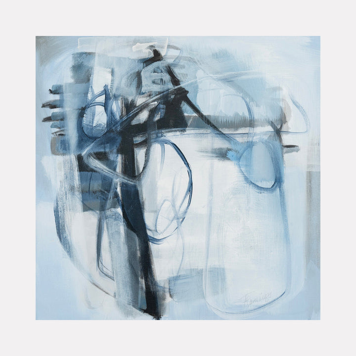 The artwork 'Tiny Dancer Series #4' features abstract expressionist strokes in muted blues and grays, with dynamic charcoal lines creating fluid movement against a pale blue background. Bold brushstrokes and gestural marks suggest a graceful, dancing form in an ethereal composition. Acrylic and charcoal on canvas by Ann Flemings.