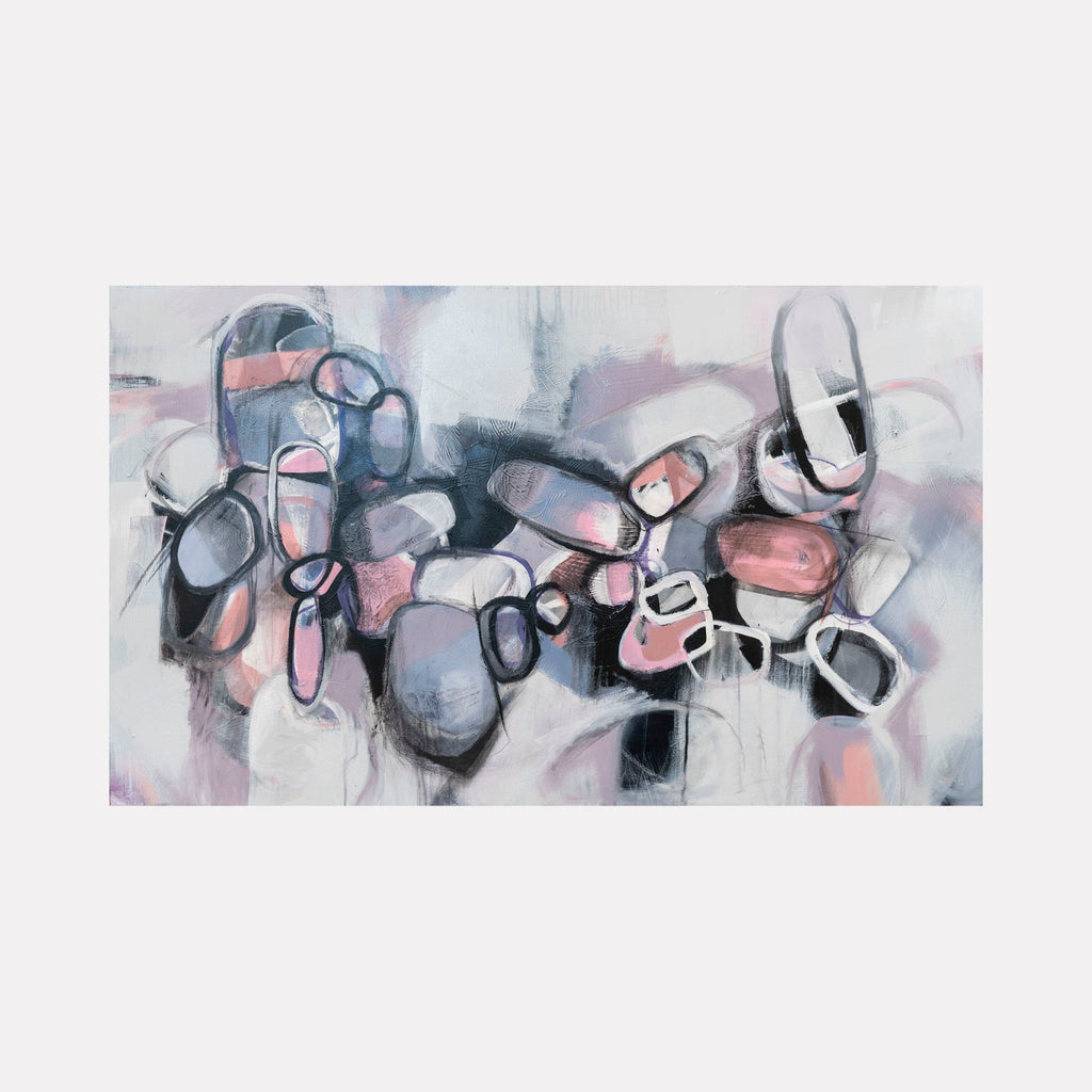 The artwork 'Together We Are Not Alone' features an abstract composition of interconnected organic shapes in soft pink, blue, and black tones. Flowing brushstrokes create a sense of movement across the canvas, with rounded forms resembling stones or pebbles linked by graceful lines. The gentle color palette and fluid style evoke a feeling of unity and connection. By Ann Flemings.
