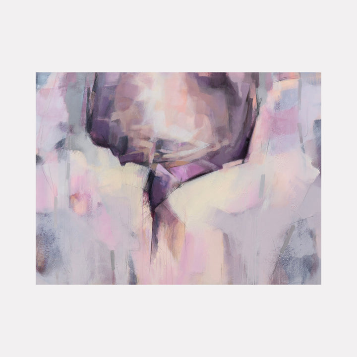 The artwork 'Walk Inside Your Story' features ethereal abstract shapes in soft pastel hues of pink, purple, and cream. Sweeping brushstrokes create a dreamy, fluid composition with gentle transitions between colors. Charcoal accents add depth and movement to this contemporary acrylic painting by Ann Flemings.
