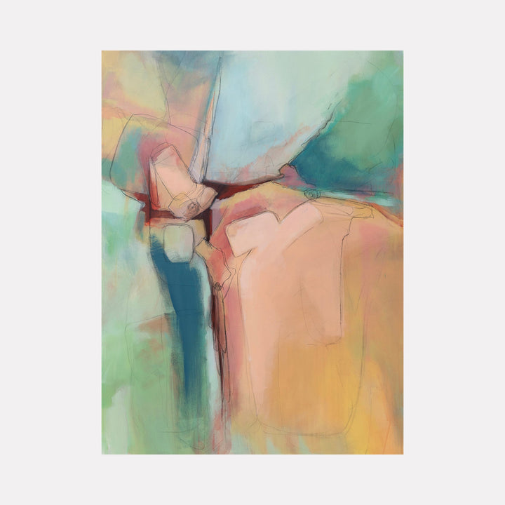 The artwork 'We Are Smarter When We Share' features an abstract composition with flowing pastel colors, blending soft peach and coral tones with serene turquoise and mint green hues. Delicate charcoal lines create subtle movement across the canvas, while acrylic paint creates ethereal transitions between colors. By Ann Flemings.