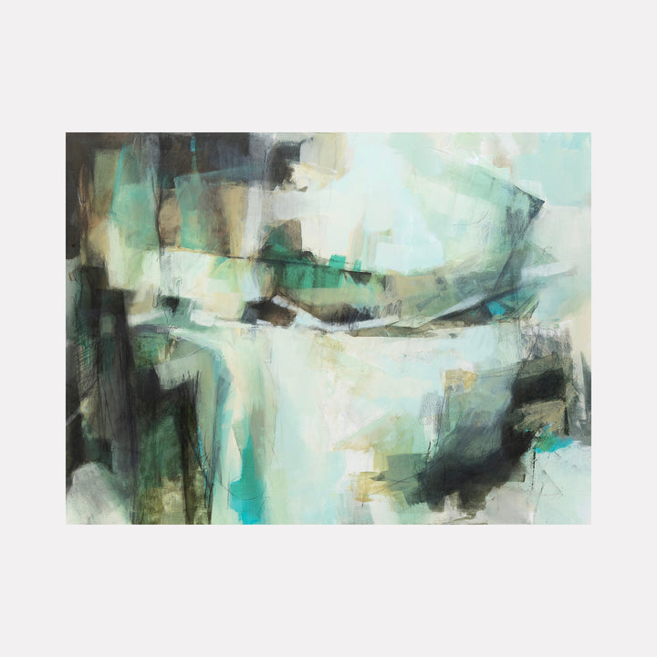 The artwork 'Weathered by the Handprints of Time' features an abstract composition with dynamic brushstrokes in turquoise, mint green, and charcoal black. Bold gestural marks create a sense of movement across the canvas, while softer white and cream tones provide ethereal contrast. The painting combines acrylic and charcoal techniques in a contemporary expressionist style by Ann Flemings.