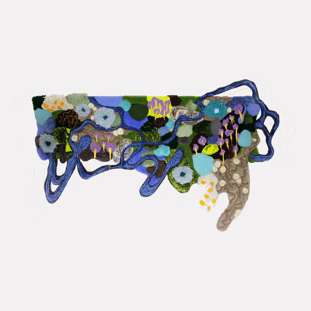 The artwork "Floral Floor" by Abigail Henthorne features a textured, abstract composition with intertwined shapes resembling looping vines and clustered blossoms in shades of blue, teal, purple, green, and ochre. The tactile layering and organic forms evoke the sculptural qualities of Eva Hesse and the vibrant abstraction of Joan Mitchell.