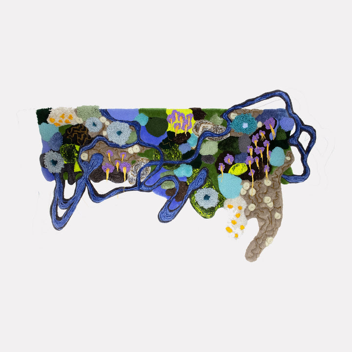 The artwork "Floral Floor" by Abigail Henthorne features a textured, abstract composition with intertwined shapes resembling looping vines and clustered blossoms in shades of blue, teal, purple, green, and ochre. The tactile layering and organic forms evoke the sculptural qualities of Eva Hesse and the vibrant abstraction of Joan Mitchell.