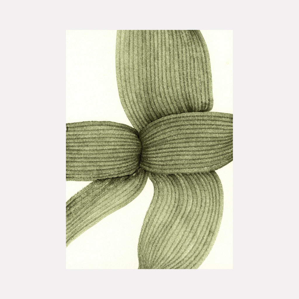 The artwork "Floral" by Alina Glotova features a minimalist composition of four overlapping, elongated leaf-like forms in muted green tones with fine linear textures. The organic shapes and subtle shading evoke a serene, botanical abstraction reminiscent of works by Georgia O’Keeffe and Ellsworth Kelly’s simplified natural forms.
