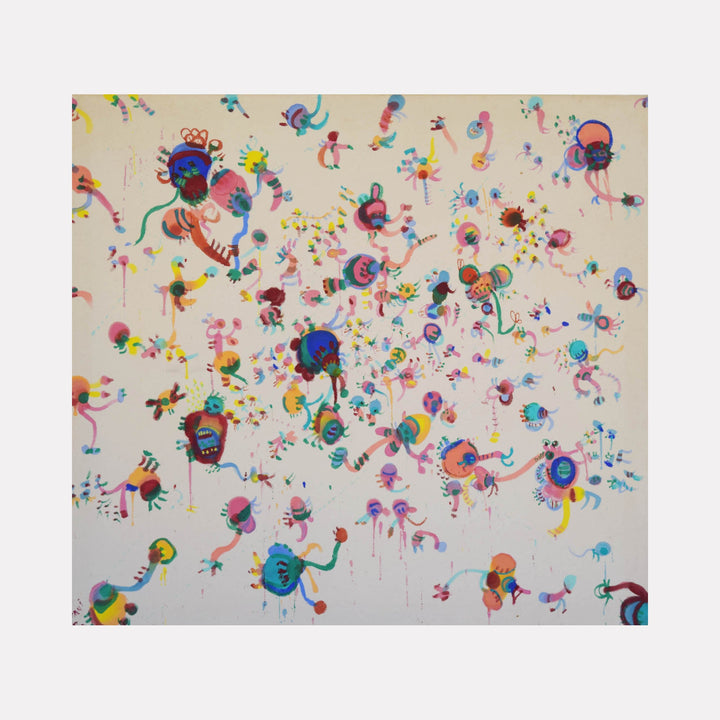 The artwork "Flowers Exploding" by Avani Patel features an abstract composition with whimsical, organic forms in vibrant pinks, blues, yellows, and greens scattered across a soft cream background. The playful shapes and delicate, layered textures evoke the lively abstraction seen in Joan Miró's surrealist works and the vibrant modernism of Wassily Kandinsky.