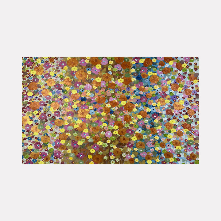 The artwork "Flowers In A Square World" features a vibrant, dense arrangement of small, colorful flowers in shades of yellow, orange, pink, blue, and purple, creating a mosaic-like pattern with a textured, pointillist style reminiscent of Gustav Klimt's ornamental works and Georges Seurat’s pointillism. By Dorothea Sandra.