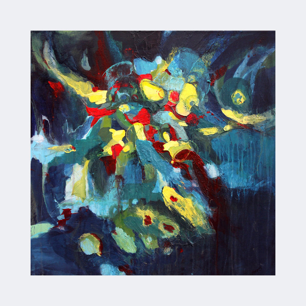 The artwork "Flowing Sky" by Carla Forrest features an abstract composition with dynamic, flowing shapes in vibrant yellows, reds, and blues set against a deep indigo background. The textured brushstrokes and layered colors evoke the style of Wassily Kandinsky and Joan Miró, blending surreal forms with energetic movement reminiscent of abstract expressionism.