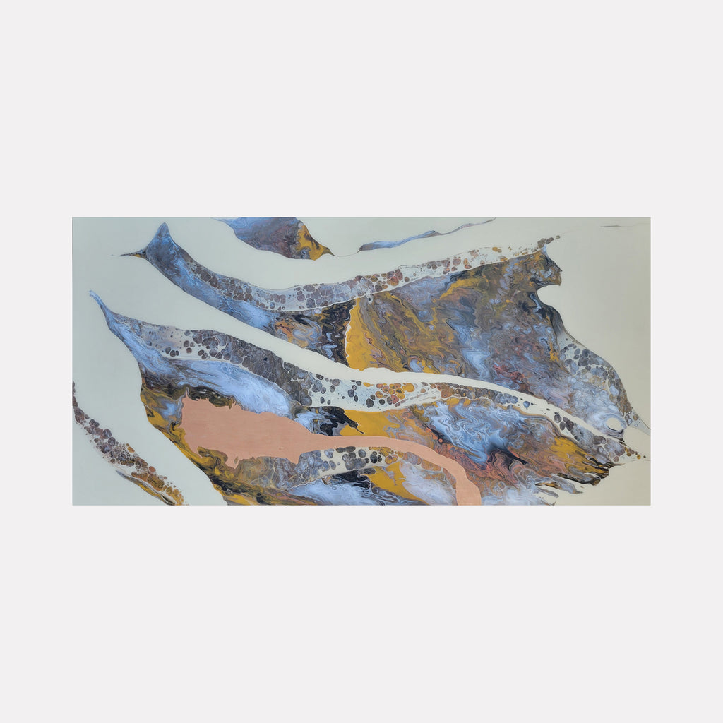 Flying Ibis by Swann Freslon showcases an abstract composition of flowing forms in muted blues, earthy ochres, soft grays, and warm terracotta tones. The dynamic interplay of textured layers and organic shapes evokes the graceful movement of birds in flight within a modern, contemplative setting.