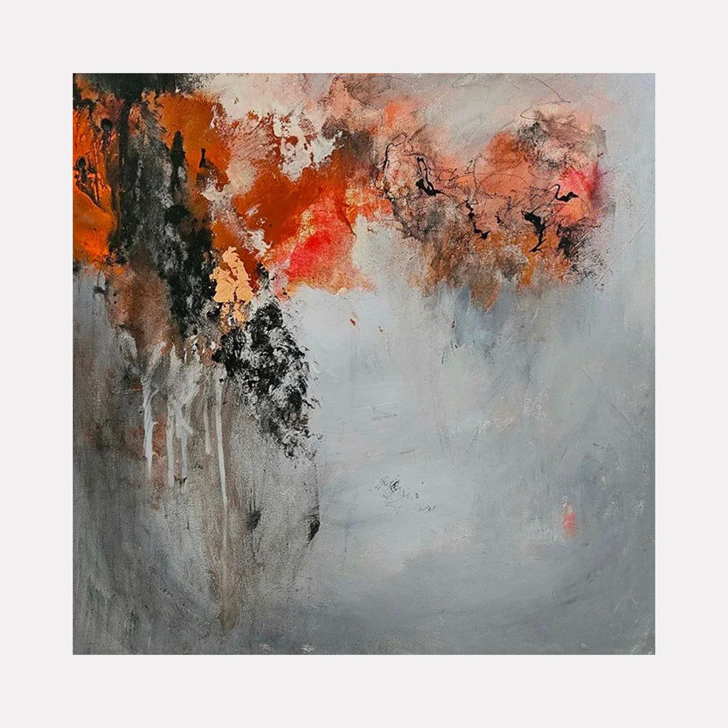 The artwork "Fog and Fire" by Janyce Erlich-Moss features an abstract composition blending smoky grays with vibrant orange and red hues, evoking a dramatic clash between mist and flame. The textured layering and flowing forms recall the atmospheric abstraction of Mark Rothko and the dynamic energy reminiscent of Willem de Kooning’s brushwork.