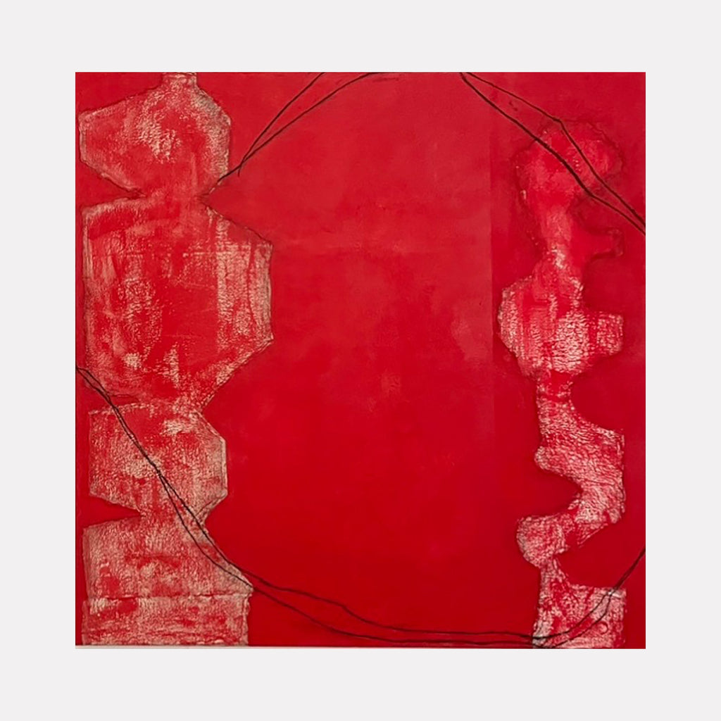 The artwork "Forms on Red with Lines" by Diane Englander features a bold red background with organic and geometric shapes rendered in textured white. Thin, irregular black lines weave across the composition, adding dynamic contrast. The style echoes elements of Abstract Expressionism, reminiscent of works by Willem de Kooning and Cy Twombly.