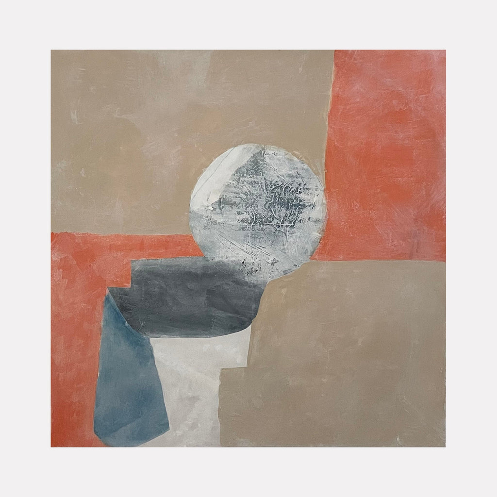 The artwork "Forms on Buff and Orange" by Diane Englander features an abstract composition with geometric shapes including a textured circular form resembling a sphere and overlapping rectangles in muted buff, deep orange, gray, and blue tones. The style evokes minimalist and modernist influences reminiscent of works by Paul Klee and Kazimir Malevich.