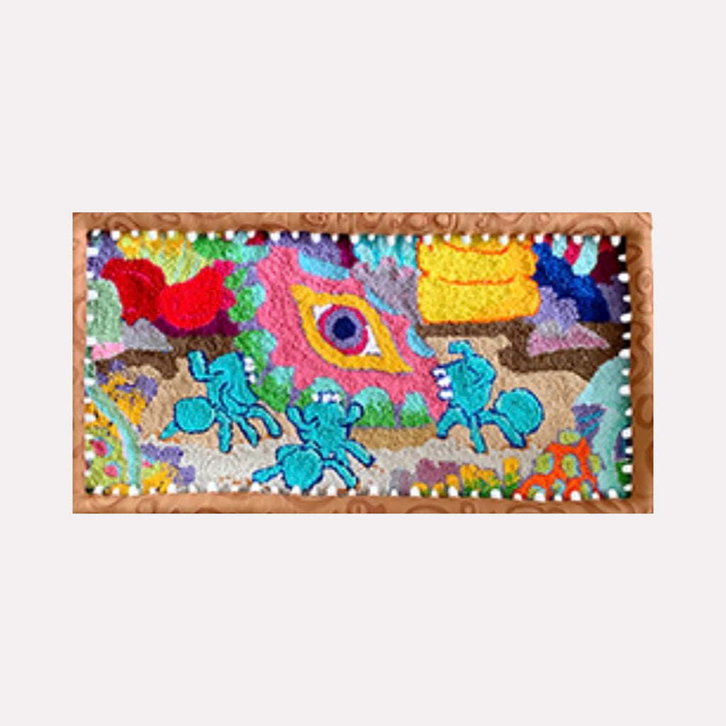 The artwork "Fortress 1" by James Hsieh features a vivid, abstract landscape with bright turquoise animal-like figures set against layered backgrounds of pink, red, yellow, green, and purple hues. The textured, playful forms and bold color contrasts evoke the expressive abstraction and whimsical energy reminiscent of Joan Miró and Paul Klee.