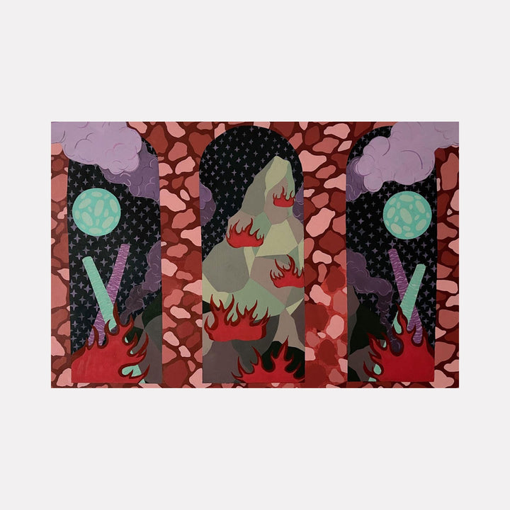 The artwork "Fortress" by Tyler Sorgman features an abstract depiction of a stone-like figure engulfed in red flames, set within three arched windows framed by a textured reddish-brown fortress wall. The background contrasts with dark starry skies, purple clouds, and glowing green orbs, creating a mystical and surreal atmosphere.