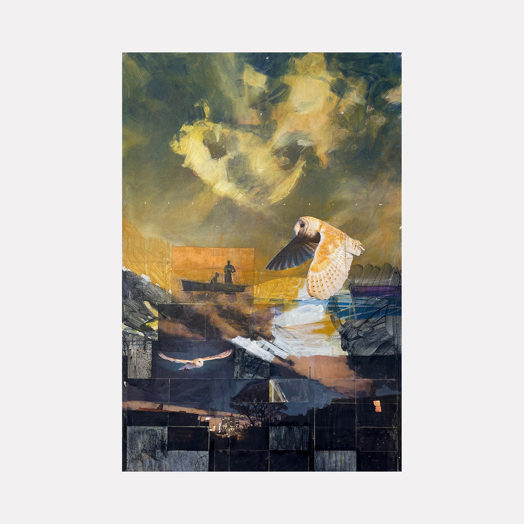 The artwork "Four in the Morning" by Chris Baily features a surreal composition blending a dark, textured cityscape with ethereal golden clouds and two owls in flight. The layered brushstrokes and muted palette evoke the atmospheric depth and dreamlike qualities found in works by Caspar David Friedrich and René Magritte, capturing a quiet, contemplative mood.