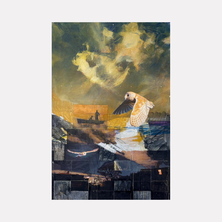 The artwork "Four in the Morning" by Chris Baily features a surreal composition blending a dark, textured cityscape with ethereal golden clouds and two owls in flight. The layered brushstrokes and muted palette evoke the atmospheric depth and dreamlike qualities found in works by Caspar David Friedrich and René Magritte, capturing a quiet, contemplative mood.