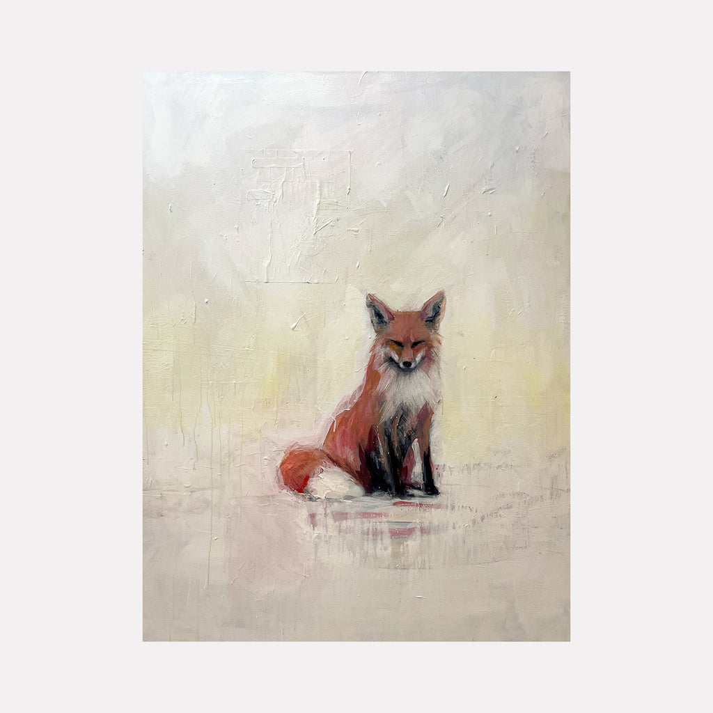 The artwork "Fox" by Chris Baily features a softly rendered fox sitting calmly against a textured, muted background in shades of cream, pale yellow, and light gray. The delicate brushstrokes and subtle layering evoke a quiet, contemplative mood, reminiscent of the gentle realism found in works by Andrew Wyeth and the atmospheric quality of Rockwell Kent.