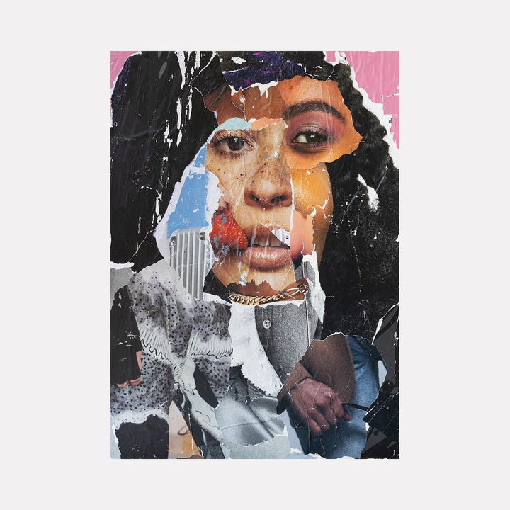 The artwork "Fractured" features a fragmented collage-style portrait combining multiple torn images with varied textures and colors including skin tones, black, white, pink, and blue. The composition evokes a sense of disruption and layering with visible paper tears and overlapping shapes. The product "Fractured" by Amy Turner.