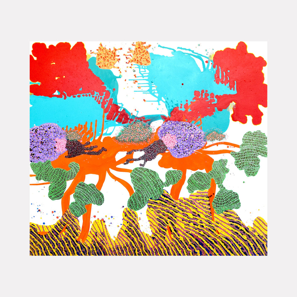 The artwork "Free In Love" by Avani Patel features an abstract composition with vibrant red, turquoise, and orange organic shapes contrasted against textured green and purple forms. The layered brushstrokes and dynamic interplay of color evoke a lively, expressive style reminiscent of Joan Miró and Helen Frankenthaler’s abstract landscapes.