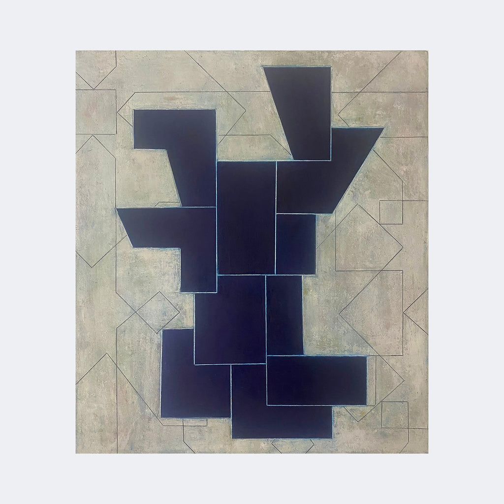 The artwork "Front and Center" by Stephen Cimini features a central composition of dark, solid geometric shapes arranged in an abstract pattern against a textured, muted gray-beige background. The piece evokes the minimalist and geometric abstraction styles of artists like Kazimir Malevich and Piet Mondrian, with clean lines and subtle layering creating depth and balance.