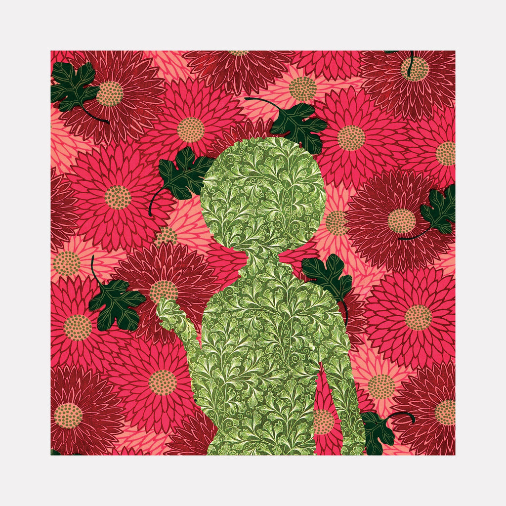 The artwork "Fuschia Fuzz" by Theresa Gooby features a textured green silhouette filled with intricate leaf patterns set against a vibrant background of densely packed fuchsia and red flowers with yellow centers and dark green leaves, creating a bold contrast and rich botanical theme. Theresa Gooby