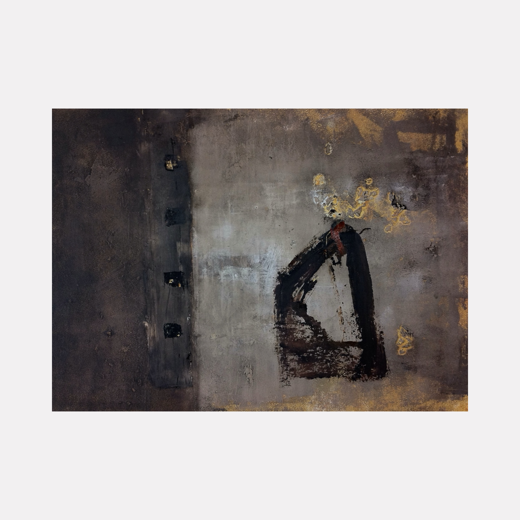 Fusion of Elements by Diane Lounsberry-Williams presents an abstract composition with a muted, earthy palette of grays and browns. Textured layers and distressed surfaces form a central dark triangular shape alongside vertical elements, evoking a raw, contemplative interplay of organic forms and subtle industrial influences.