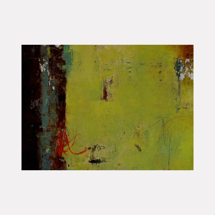 Fusion of Elements VI by Diane Lounsberry-Williams offers a textured abstract scene dominated by muted chartreuse and olive tones, contrasted with distressed dark turquoise and rust accents on the left. Subtle linear details in red and blue create a layered, contemplative atmosphere through an interplay of organic shapes and weathered surfaces.