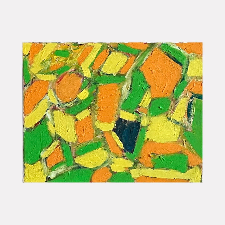 The artwork "Aligning" features an abstract composition of bold, textured blocks in vibrant orange, green, yellow, and a touch of dark blue, arranged in an energetic and dynamic pattern. The thick paint application creates a rough surface with visible brushstrokes, conveying movement and balance. By Genevieve Antonello.