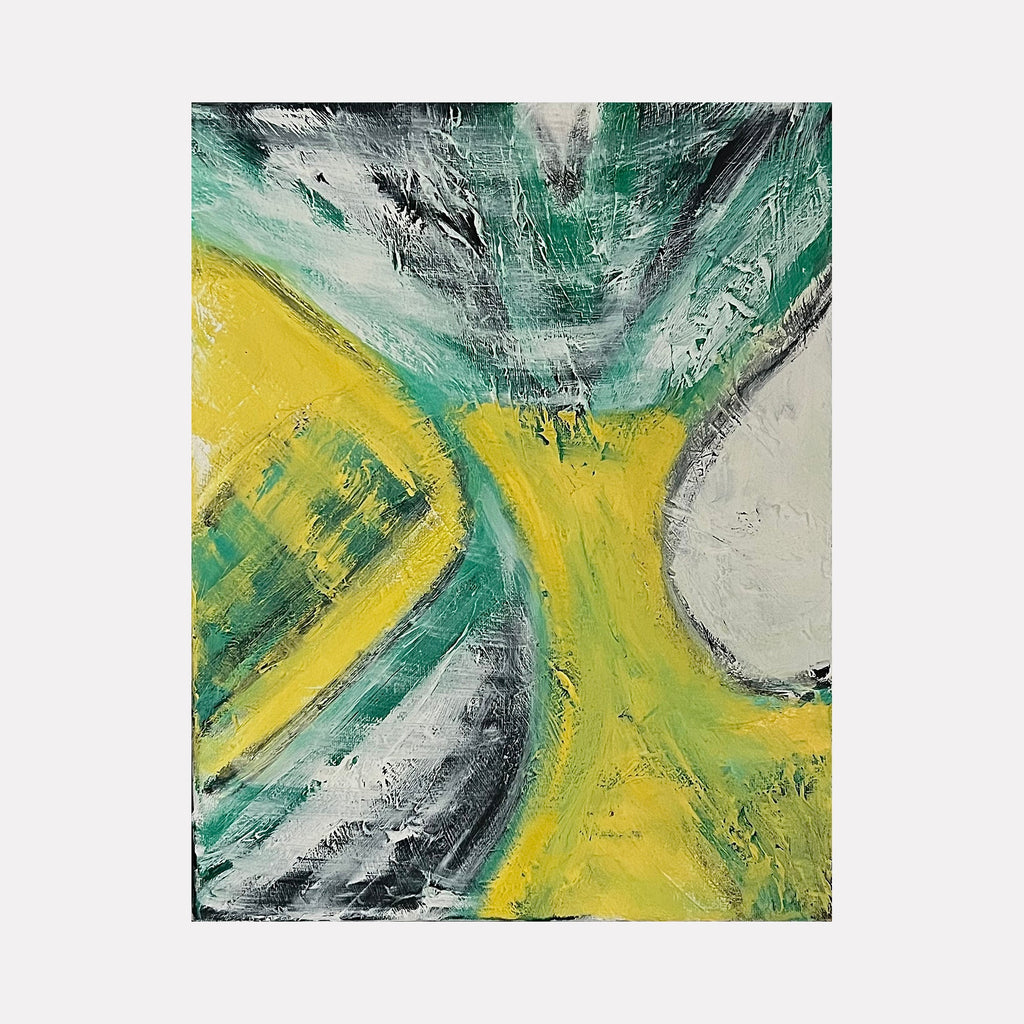 The artwork "Awakening" by Genevieve Antonello features bold abstract shapes with sweeping strokes of yellow, green, black, and white. Textured layers create dynamic movement and depth, blending organic and geometric forms to evoke a sense of energy and renewal. The piece showcases an expressive contemporary style.
