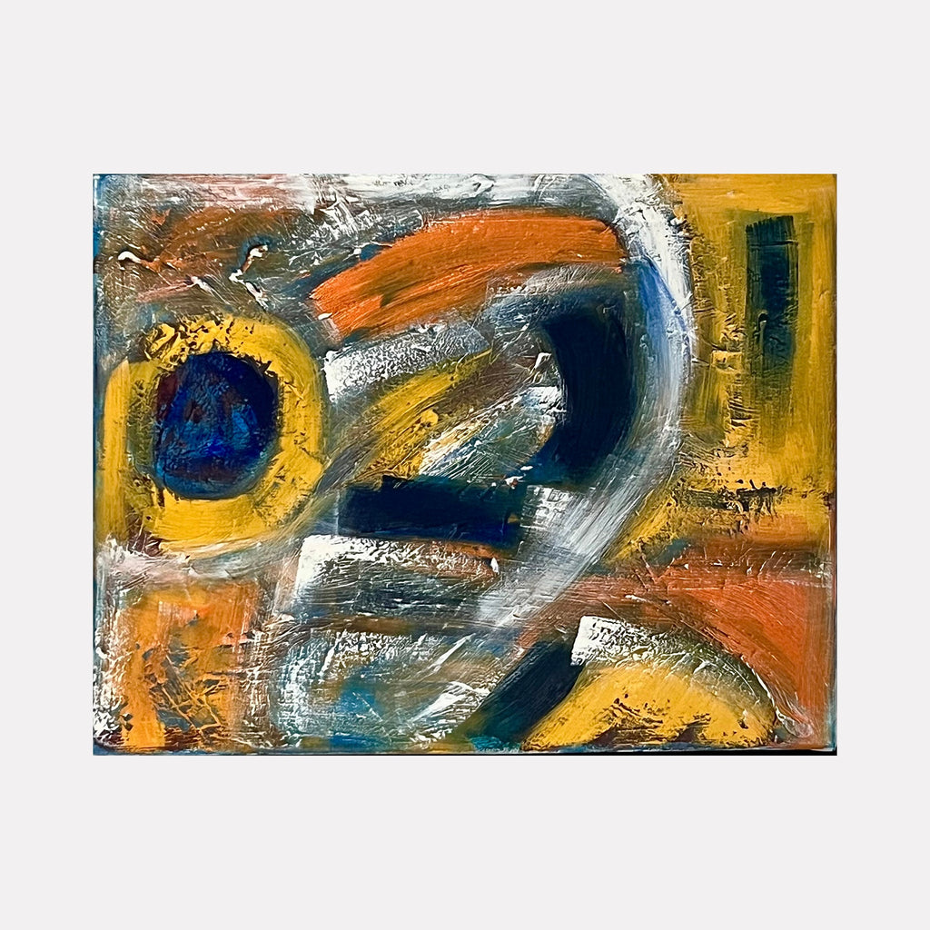 The artwork "Expanding Horizon" features dynamic abstract shapes with a textured surface, blending vibrant hues of orange, yellow, deep blue, and silver-gray. The composition creates a sense of movement and depth through bold, sweeping brushstrokes and layered colors. The piece by Genevieve Antonello captures an energetic and expansive visual experience.