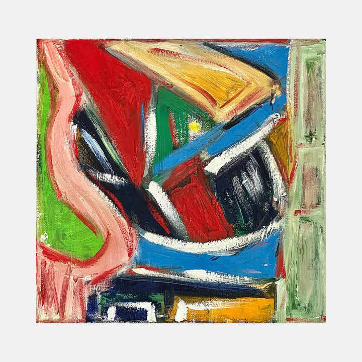 The artwork "Pioneering" features bold abstract shapes with thick, textured brushstrokes in vibrant red, blue, green, yellow, black, and white colors, creating dynamic movement and depth within the composition. The piece showcases expressive, layered paint application in an energetic modern style by Genevieve Antonello.