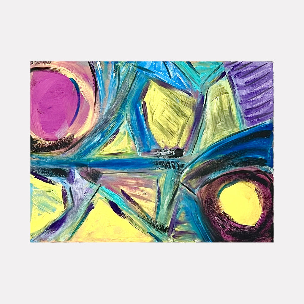 The artwork "Portal" by Genevieve Antonello features an abstract composition with bold geometric shapes including circles, triangles, and intersecting lines. The piece uses vibrant colors such as bright yellow, purple, blue, teal, and pink, with dynamic brushstrokes creating textured layers and a sense of movement. Portal by Genevieve Antonello.