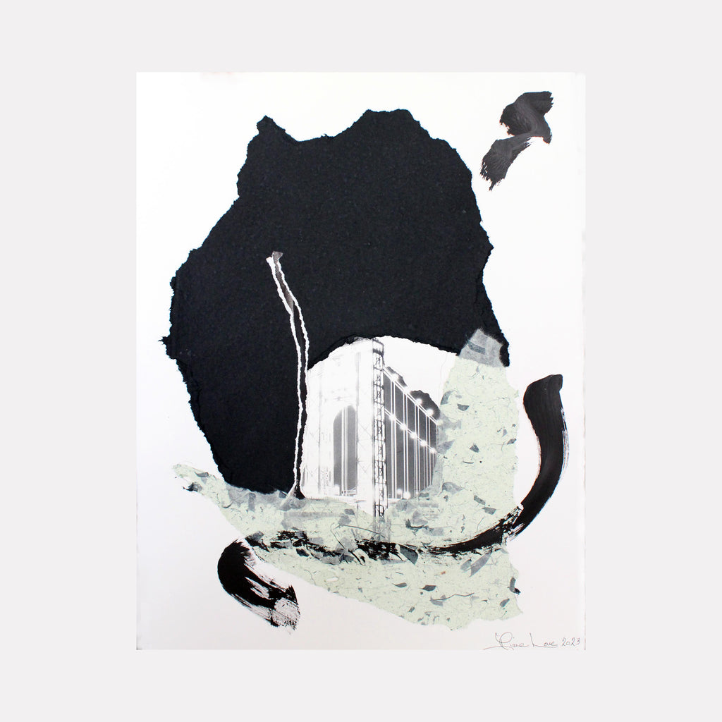 GEORGE WASHINGTON BRIDGE by Diane Love showcases an abstract mixed media collage combining torn black paper, textured pale green elements, and expressive black brushstrokes framing a subtle architectural detail. The composition balances dynamic shapes and layered surfaces to evoke a modern, contemplative urban landscape.