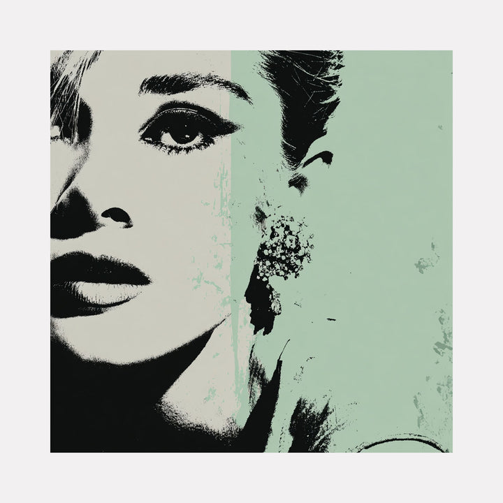 The artwork "Grey Green Woman" by Claudia Sauter in gallery position 1 features a striking monochromatic close-up of a woman's face divided by a muted green vertical panel. The graphic simplicity and subtle distressed textures evoke the boldness of Andy Warhol’s silkscreen portraits combined with the refined elegance found in Helmut Newton’s fashion photography.