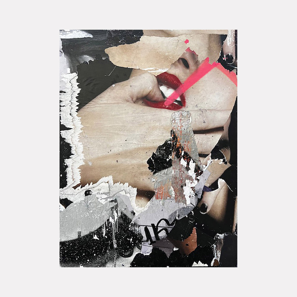 The artwork "GUT" features a layered collage with torn paper textures and gritty patterns, revealing a partial close-up of a person's face with bold red lips and a red diagonal line across the mouth. The composition blends abstract shapes in black, white, beige, and gray tones, creating a dynamic and raw visual effect. By Amy Turner.