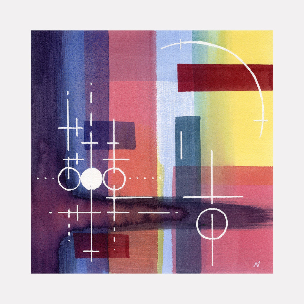 The artwork 'Galactic Shapes' by Arthur Norcome features geometric abstract watercolor composition with minimalist white circles and crosses against vibrant color blocks of purple, pink, yellow, and blue. Linear elements intersect with curved shapes, creating a cosmic, modernist aesthetic across an 8x8 inch canvas with translucent watercolor techniques.