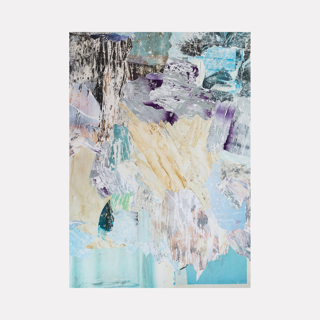 The artwork "Gems" by Amy Turner features an abstract composition with layered textures resembling rough, fragmented mineral surfaces in soft pastel shades of blue, lavender, cream, and gray. The piece evokes a sense of natural stone formations through its use of varied brushstrokes and tonal contrasts. Amy Turner.