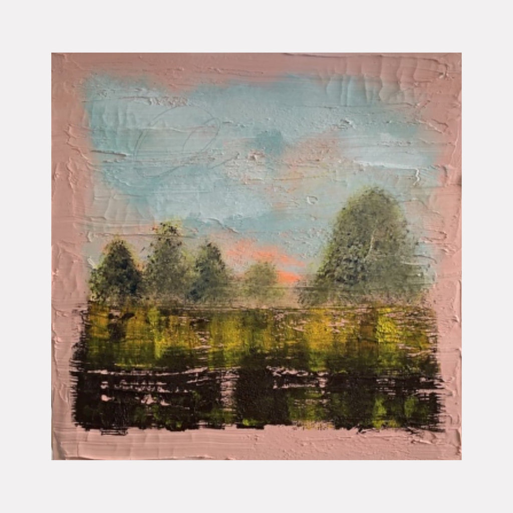 Get Out There by Tammy Kushnir: Textured mixed media landscape with green trees against pink sky, reflecting in dark water