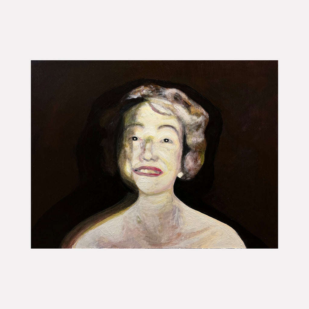 The artwork "Ghost Story (Archival Memory 22)" by Griffin Cordell features a haunting portrait of a woman with softly textured, muted flesh tones contrasted against a deep, dark background. The blurred, ghostly layering and subtle brushwork evoke psychological complexity, reminiscent of Lucian Freud’s intense figurative style and the eerie atmospheres found in Francis Bacon’s portraits.