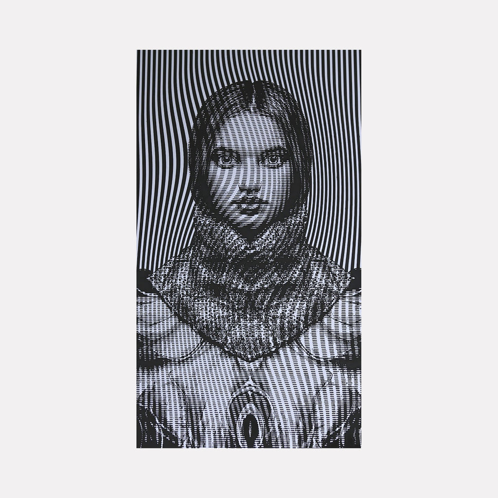 The artwork "Girl in a Blue Dress" features a monochromatic, optical illusion style portrait of a woman with intricate black and white line patterns creating a textured, almost three-dimensional effect. The figure’s intense gaze and detailed hair contrast with the wavy background lines. Product by Carlos Gamez de Francisco.