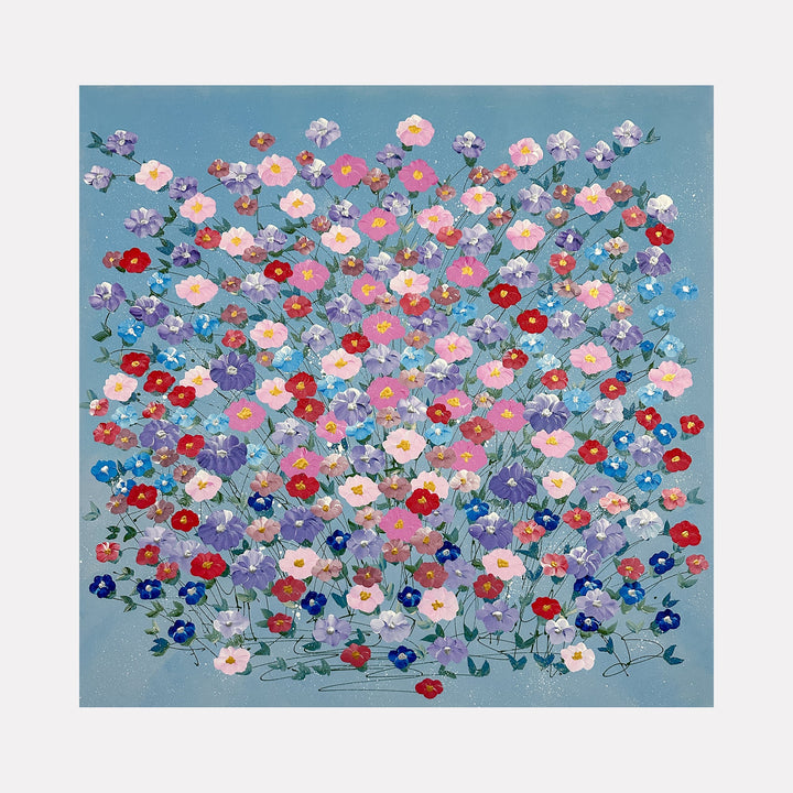 The artwork "Glowing From The Inside Out" features a vibrant bouquet of small, colorful flowers in shades of pink, red, purple, blue, and white against a soft blue background, reminiscent of impressionist styles similar to Claude Monet's floral works, with textured brushstrokes creating depth and movement, by Dorothea Sandra.