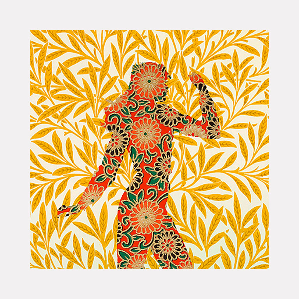 The artwork "Golden Boogie" features a silhouette of a dancing figure filled with intricate floral patterns in red, orange, and black, set against a vibrant background of golden yellow leaves on a white canvas. The style blends bold colors and detailed organic shapes, creating a dynamic and lively composition. By Theresa Gooby.