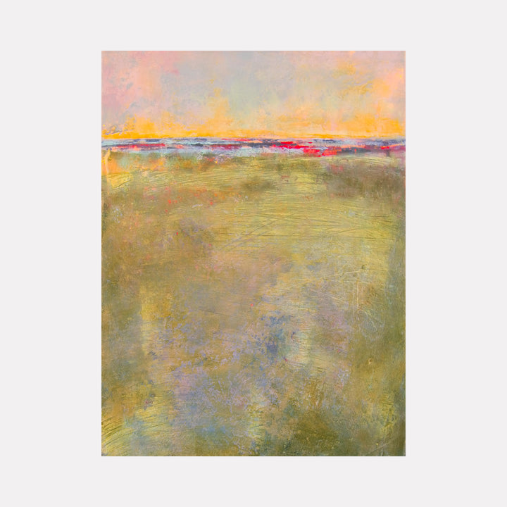 Golden Moment by Victoria Primicias depicts a soft, abstract landscape with layered tones of muted greens, gentle blues, and subtle purples beneath a glowing horizon of warm yellows and delicate pinks. The textured composition conveys a quiet, reflective ambiance with harmonious blending of natural hues and serene light.