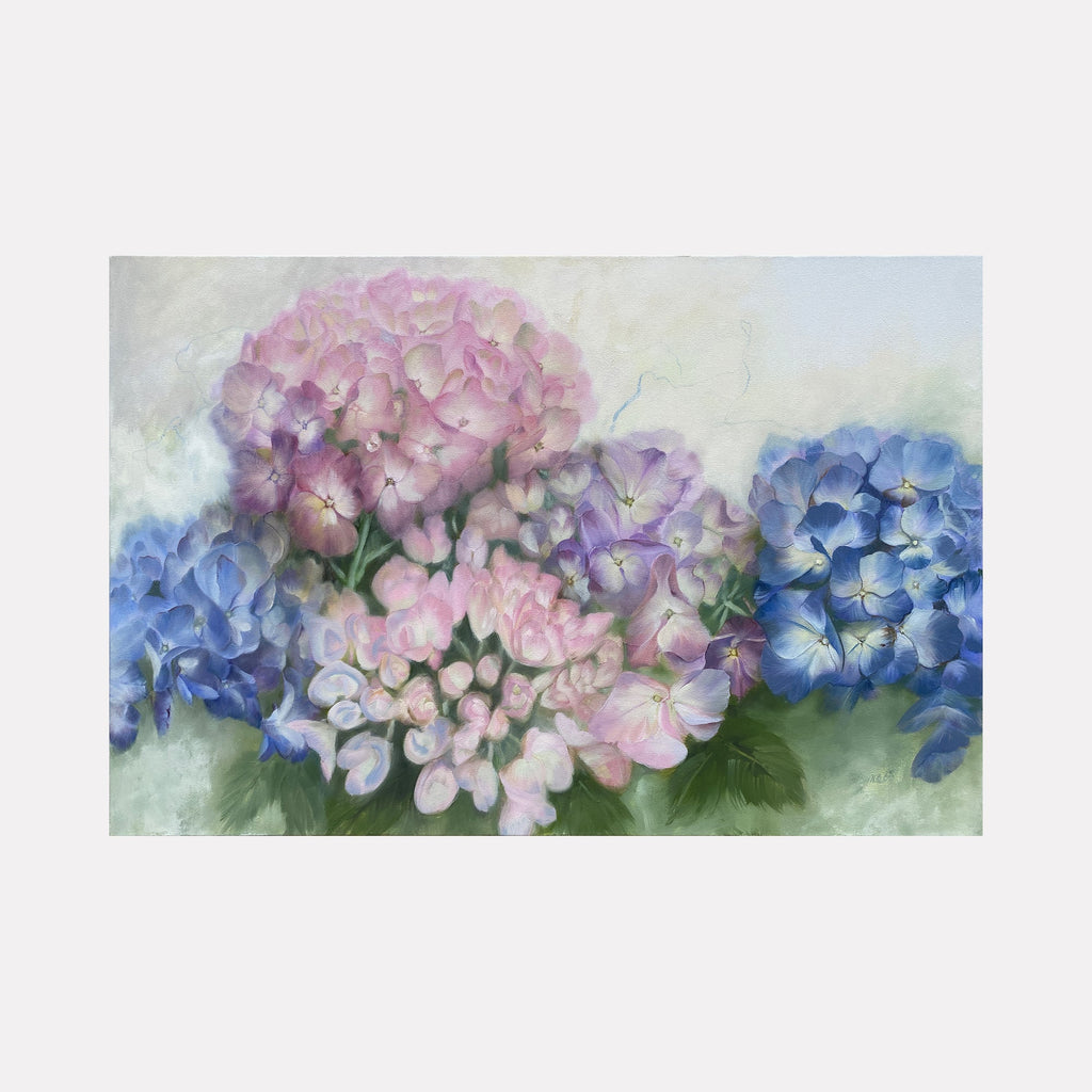 The artwork "Gossamer Petals" by Carla Thomson features delicate clusters of hydrangea flowers in soft pastel shades of pink, lavender, and blue. The painting exhibits a smooth, almost ethereal texture reminiscent of the Impressionist style, evoking the delicate floral compositions of Claude Monet and the soft color blending seen in Mary Cassatt’s work.