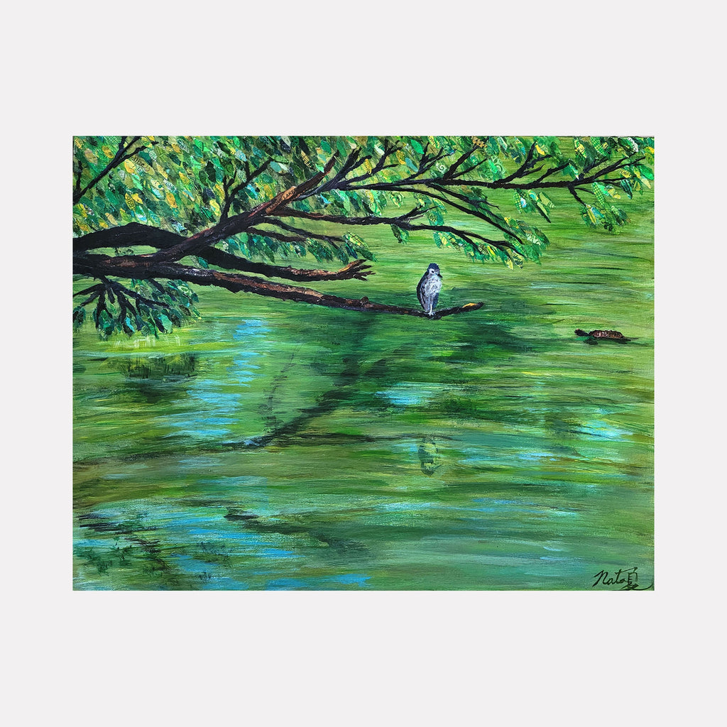 The artwork 'Got My Eye On You' by Natasha Papousek depicts a serene waterscape with a solitary heron perched on an overhanging tree branch. Vibrant emerald green water reflects dappled sunlight, while lush foliage in various shades of green creates a natural canopy. Mixed media painting combines textural elements with smooth brushstrokes, creating a tranquil nature scene.