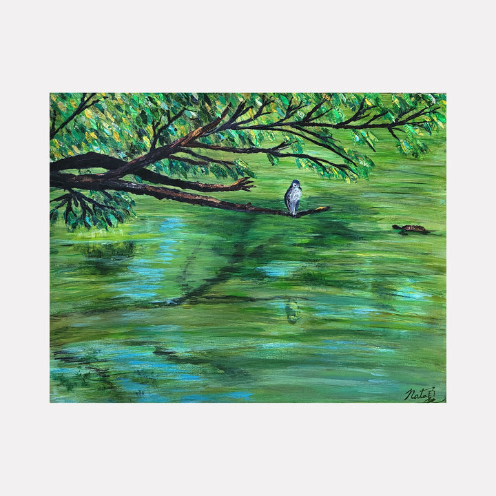 The artwork 'Got My Eye On You' by Natasha Papousek depicts a serene waterscape with a solitary heron perched on an overhanging tree branch. Vibrant emerald green water reflects dappled sunlight, while lush foliage in various shades of green creates a natural canopy. Mixed media painting combines textural elements with smooth brushstrokes, creating a tranquil nature scene.