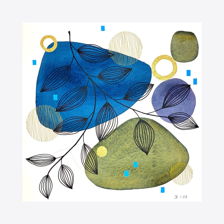 The artwork 'Saving Grace, Good Graces, Grace Note' by Jocelyn Benford features abstract organic shapes in vibrant blue and sage green, adorned with delicate black botanical line drawings. Gold leaf circles and turquoise geometric accents complement the watercolor composition, creating a harmonious balance of natural and modern elements on wood panels.
